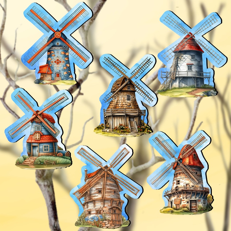 Windmills Decorative Wooden Clip-on Ornaments Set of 6 by G. Debrekht – Love Family Decor – 8090074C-S6