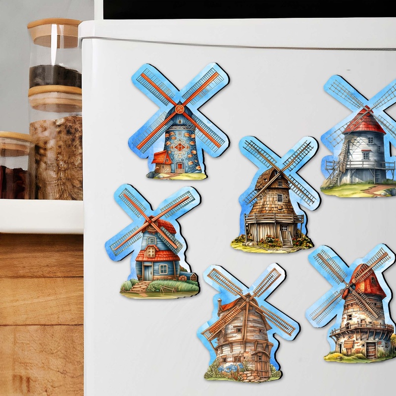 Windmills Decorative Wooden Magnets Set of 6 by G. Debrekht – Love Family Decor – 8090074G-S6