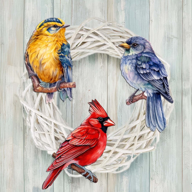 Winter Birds Decorative Wooden Clip-on Ornaments Set of 3 by G. Debrekht – Christmas Dcor – 8091005C-S3