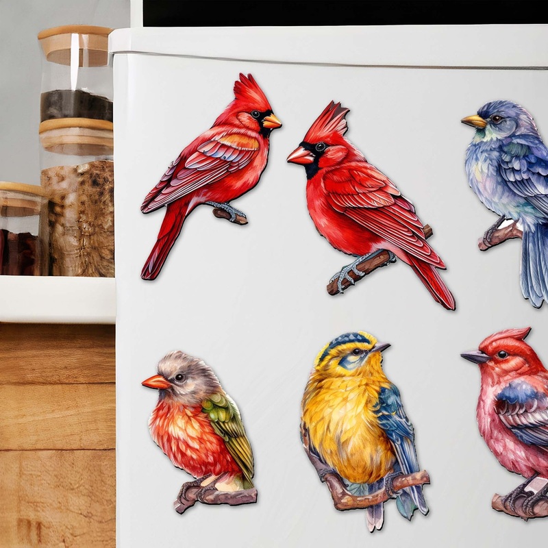 Winter Birds Decorative Wooden Magnets Set of 6 by G. Debrekht – Christmas Decor – 8090005G-S6
