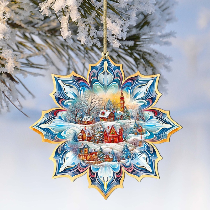Winter Village Snowflake Wooden Ornaments by G. Debrekht – Christmas Decor – 8688418