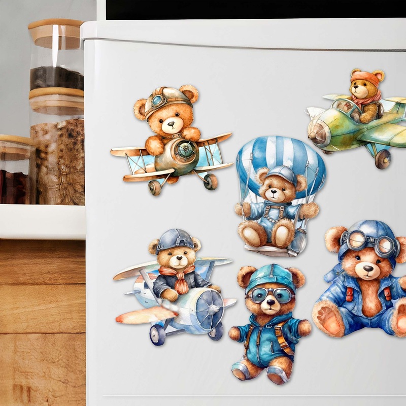 Aviator Teddy Bear Decorative Wooden Magnets Set of 6 by G. Debrekht – Christmas Decor – 8090010G-S6