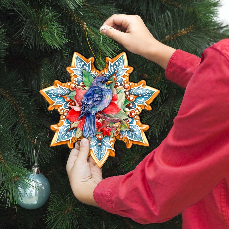 Blue Bird Snowflake Large Wooden Ornament by G. Debrekht – Nature Wildlife Decor – 8688410M