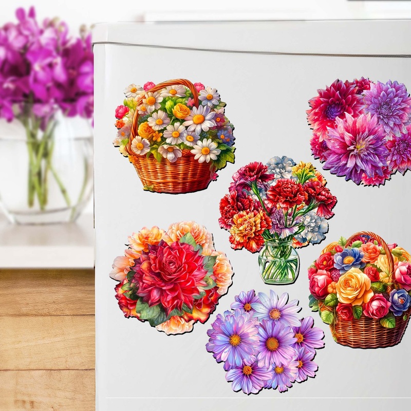 Bouquet of Flowers Decorative Wooden Magnets Set of 6 by G. Debrekht – Love Family Decor – 8090076G-S6