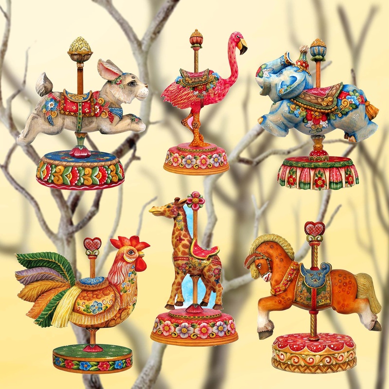 Carousel Decorative Wooden Clip-on Ornaments Set of 6 by G. Debrekht – Christmas Decor – 8090137C-S6