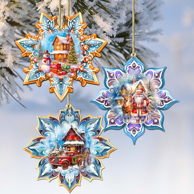 Christmas House Snowflake Wooden Ornaments Set of 3 by G. Debrekht – Christmas Decor – 8090142-S3