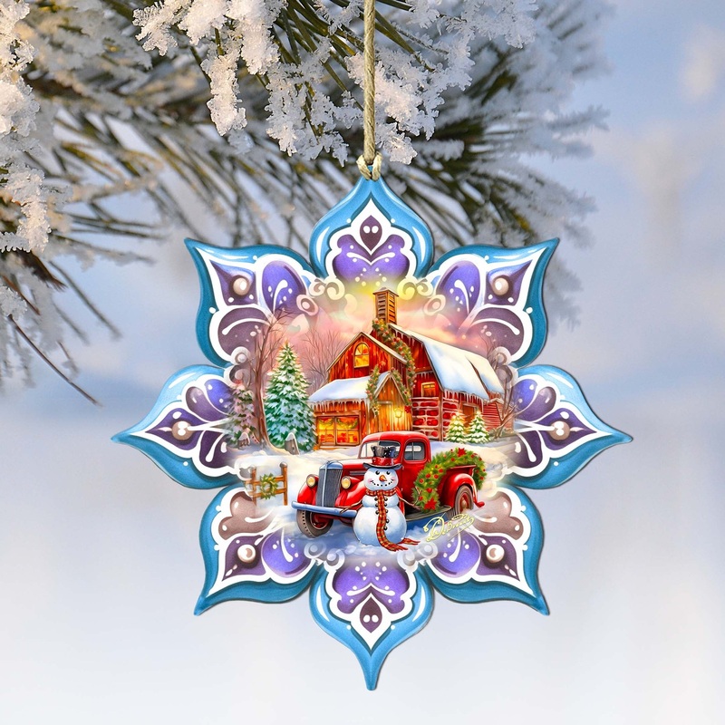Christmas Red Barn Snowflake Wooden Ornaments by G. Debrekht – Christmas Decor – 8688429