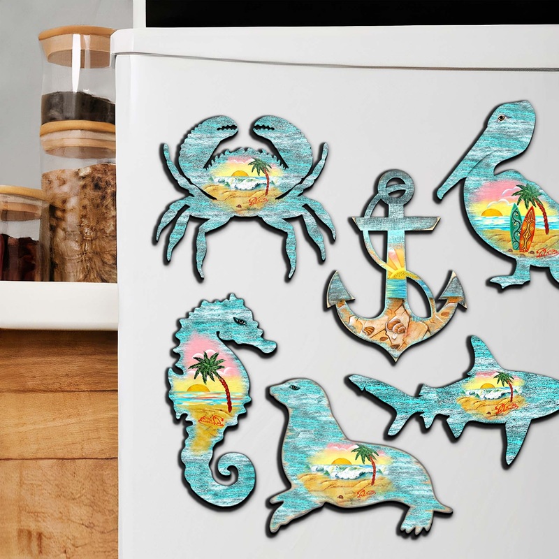 Coastal Creatures Decorative Wooden Magnets Set of 6 by G. Debrekht – Coastal Decor – 8090062G-S6