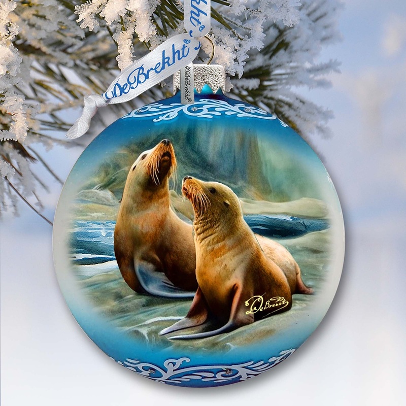 Coastal Sea Lions Glass Ornament by G. Debrekht – Wildlife Holiday Decor – 73388