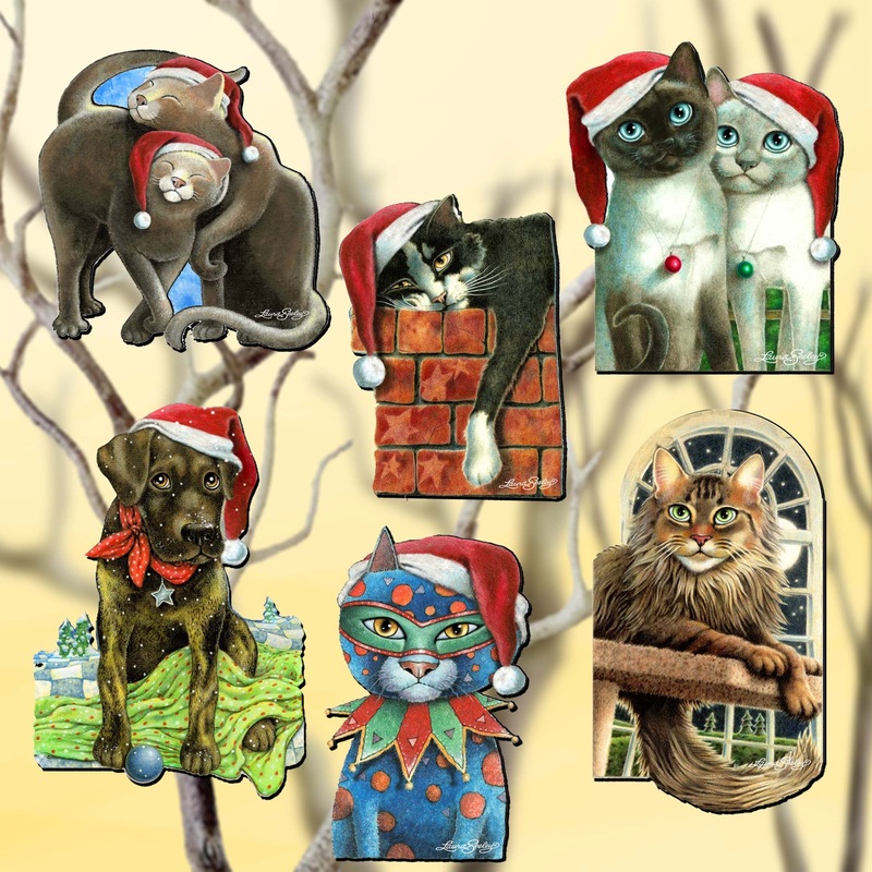Dog and Cats Decorative Wooden Clip-on Ornaments Set of 6 by L. Seeley  – Pets Dog and Cat Dcor – 8090139C-S6