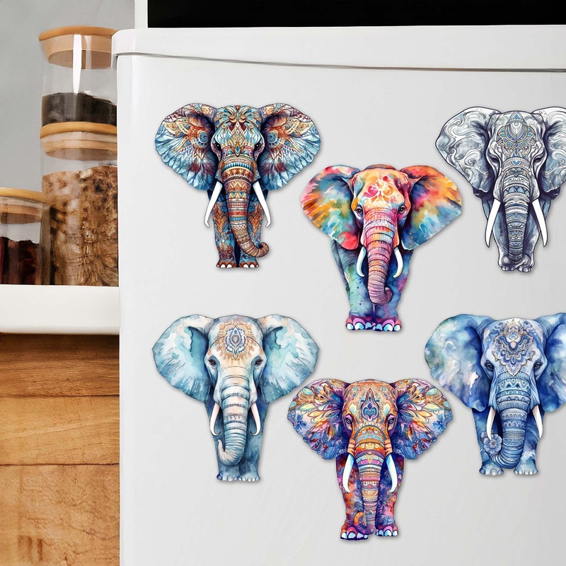 Elephants Decorative Wooden Magnets Set of 6 by G. Debrekht – Wildlife Decor – 8090036G-S6