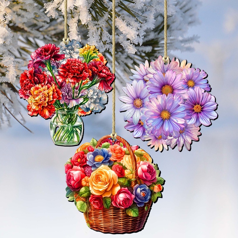 Flowers Decorative Wooden Ornaments Set of 3 by G. Debrekht – Love Family Dcor – 8091076-1-S3