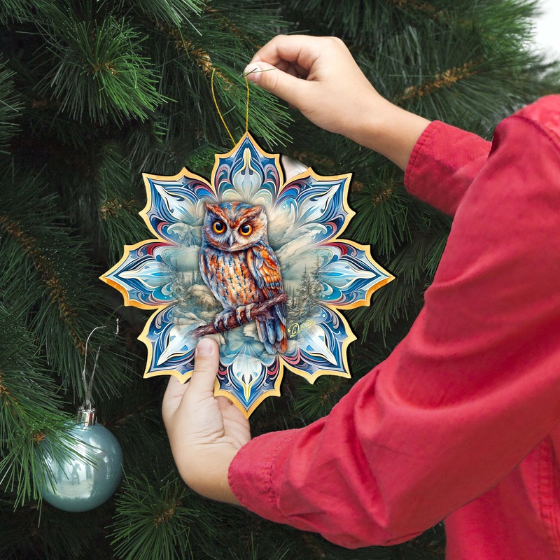 Great Horned Owl Snowflake Large Wooden Ornament by G. Debrekht – Nature Wildlife Decor – 8688436M