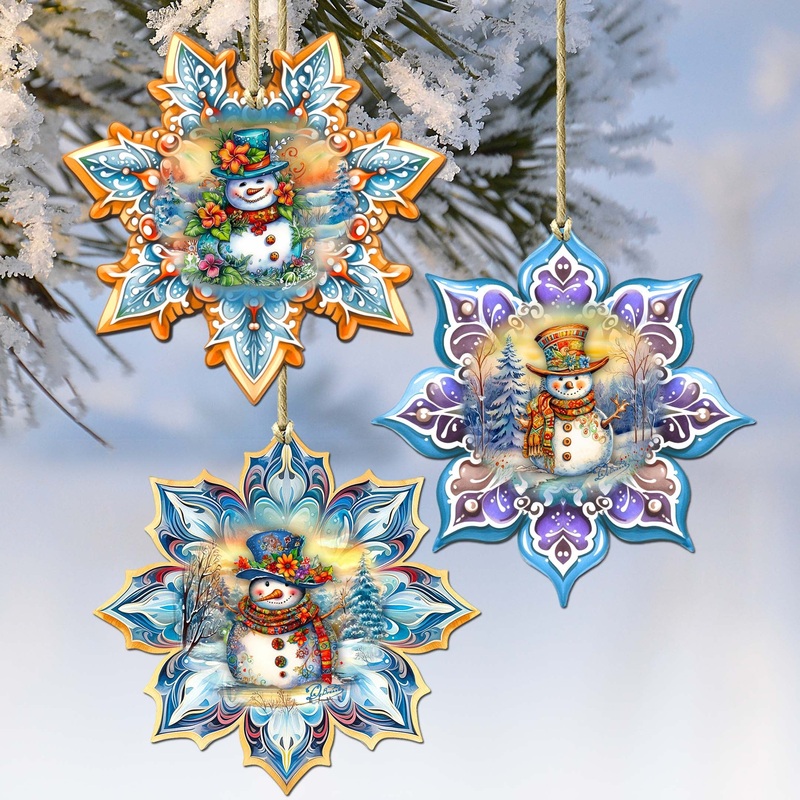 Happy Snowman Snowflake Wooden Ornaments Set of 3 by G. Debrekht – Christmas Decor – 8090149-S3
