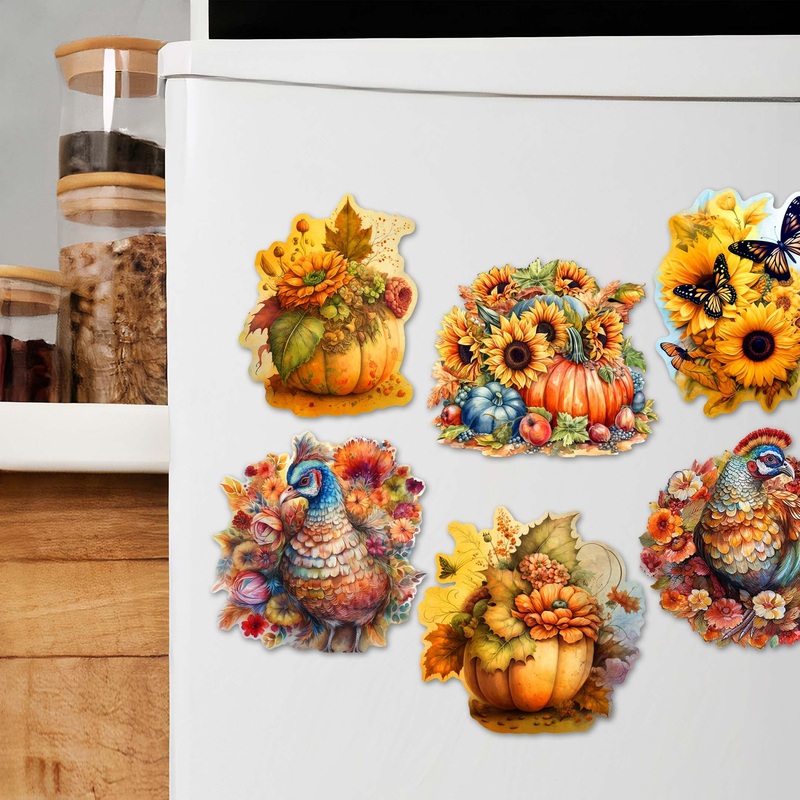 Happy Thanksgiving Decorative Wooden Magnets Set of 6 by G. Debrekht – Thanksgiving Decor – 8090018G-S6