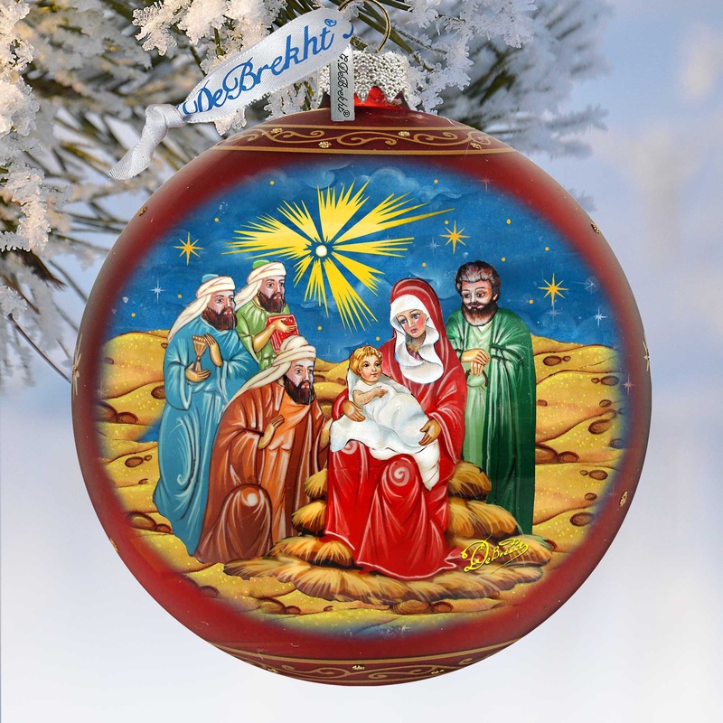 Holy Family and Three Kings Lg Glass Ornament in Red by  – Christmas Decor – 73920R