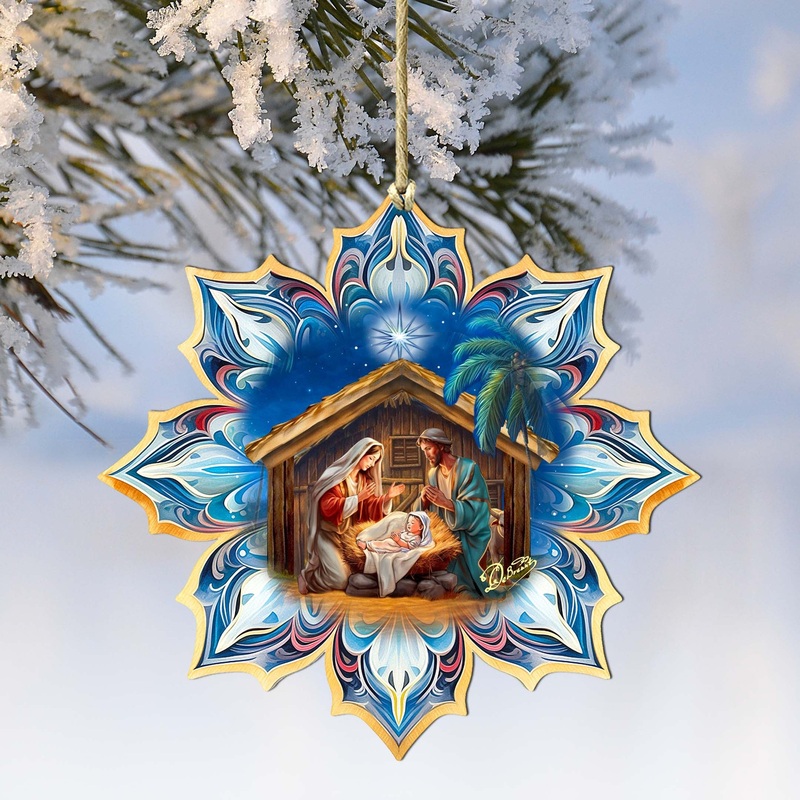 Holy Family Snowflake Wooden Ornaments by G. Debrekht – Nativity Holiday Decor – 8688439