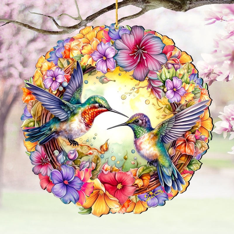 Hummingbirds Wreath Christmas Wooden Ornaments by G. DeBrekht – Easter Spring Decor – 8652804