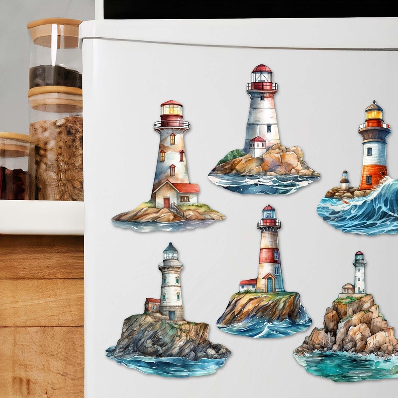 Lighthouse Decorative Wooden Magnets Set of 6 by G. Debrekht – Coastal Decor – 8090022G-S6