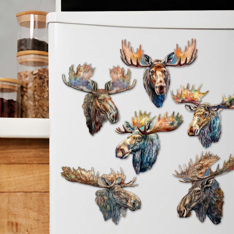Majestic Moose Decorative Wooden Magnets Set of 6 by G. Debrekht – Wildlife Decor – 8090108G-S6