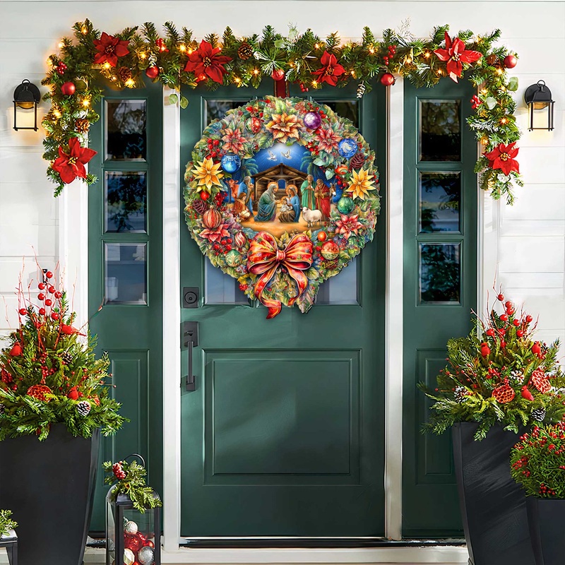 Nativity Wreath Outdoor Indoor Decor Wooden Christmas Decoration by G. Debrekht – Christmas Decor – 8652805F