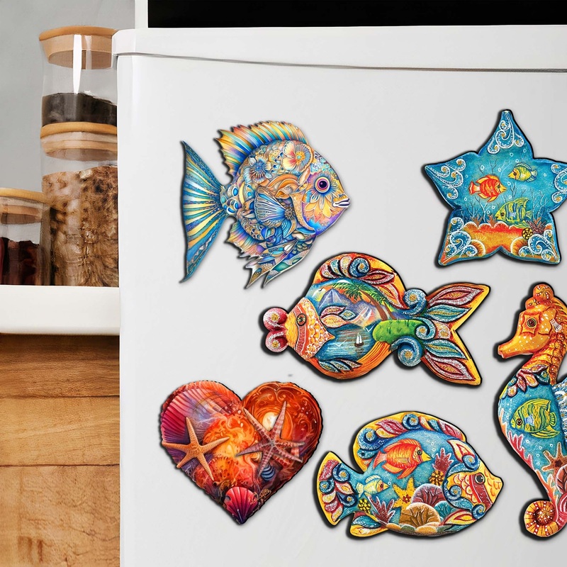 Ocean Treasures Decorative Wooden Magnets Set of 6 by G. Debrekht – Coastal Decor – 8090063G-S6
