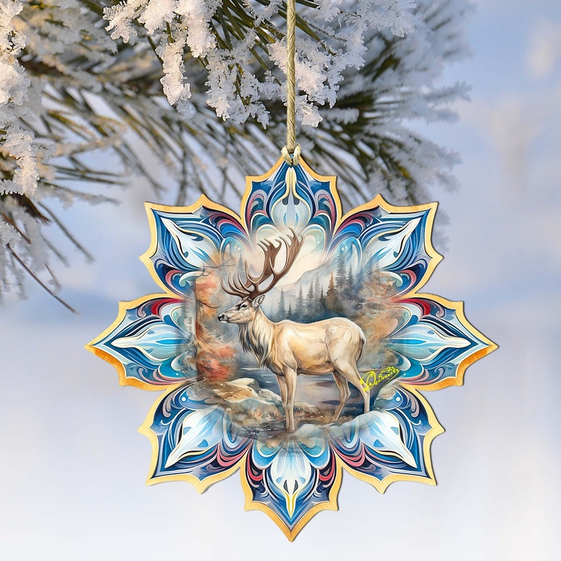 Reindeer Snowflake Wooden Ornaments by G. Debrekht – Nature Wildlife Decor – 8688415