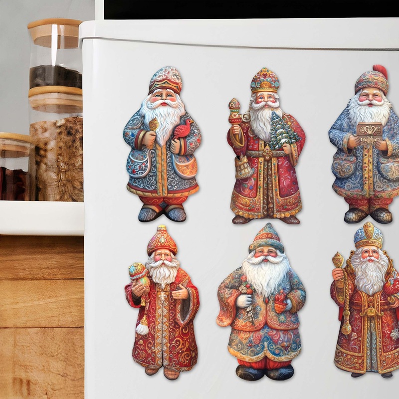 Santa Decorative Wooden Magnets Set of 6 by G. Debrekht – Christmas Santa Snowman Decor – 8090032G-S6