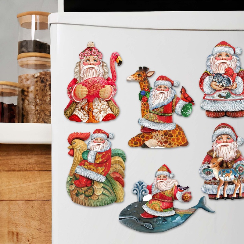 Santa Decorative Wooden Magnets Set of 6 by G. Debrekht – Christmas Santa Snowman Decor – 8090131G-S6