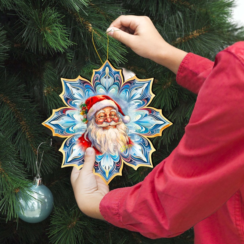 Santa Face Snowflake Large Wooden Ornament by G. Debrekht – Christmas Santa Snowman Decor – 8688424M