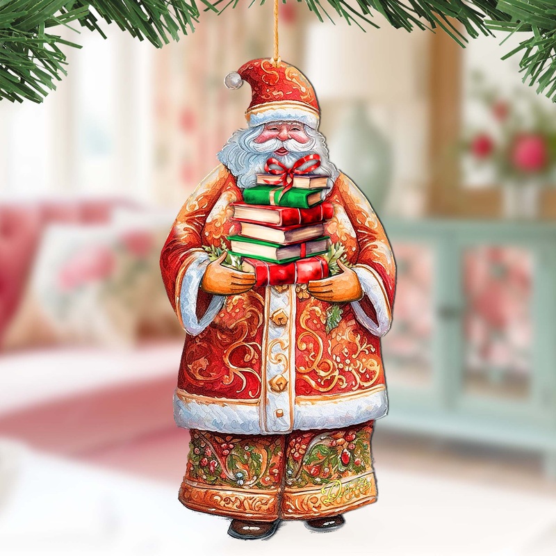 Santa’s Book Collection Wooden Ornaments by G. Debrekht – Christmas Santa Snowman Decor – 8691405