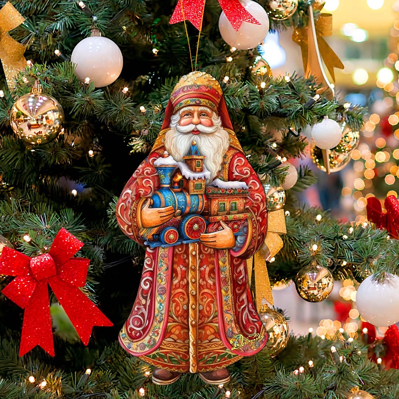 Santa’s Miniature Holiday Express Wooden Ornaments by G. Debrekht – Christmas Santa Snowman Decor – 8691417