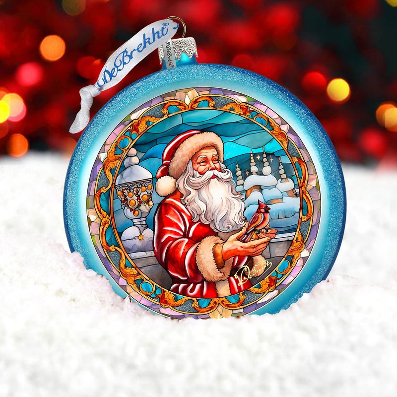 Santa’s Red-feathered Friend Glass Ornament by G. DeBrekht – Christmas Santa Snowman Decor – 744-046