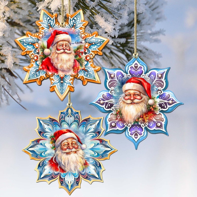Santa’s Smile Snowflake Wooden Ornaments Set of 3 by G. Debrekht – Christmas Decor – 8090148-S3