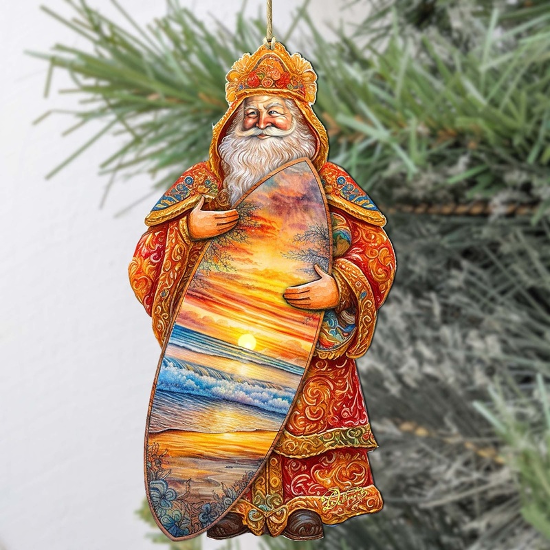 Santa’s Tropical Surf Ride Wooden Ornaments by G. Debrekht – Christmas Santa Snowman Decor – 8691413