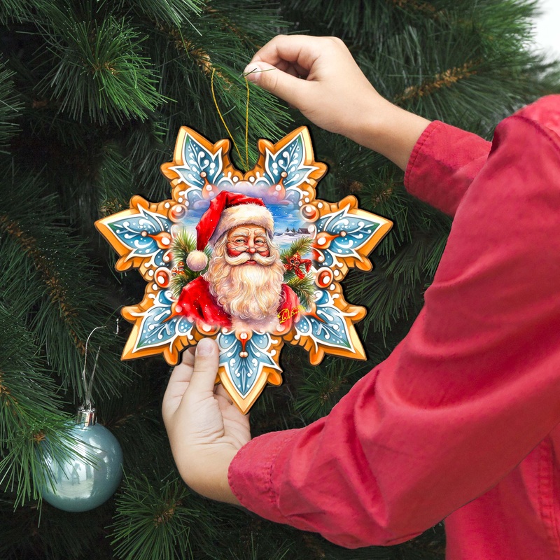 Santa Snowflake Large Wooden Ornament by G. Debrekht – Christmas Santa Snowman Decor – 8688422M