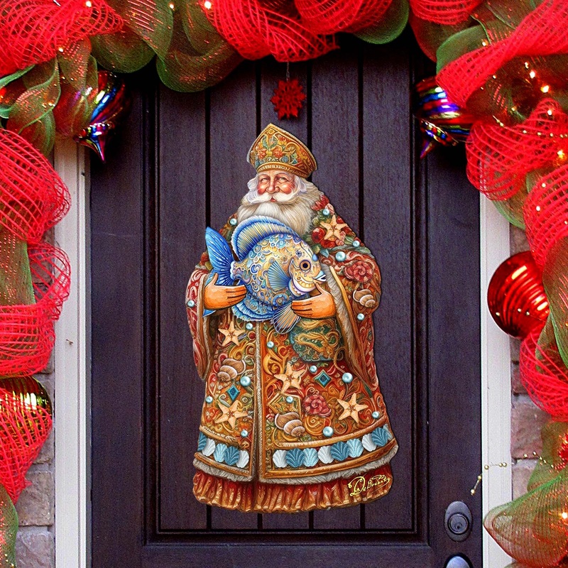 Santa with Fish Holiday Door Decor by G. Debrekht – Christmas Santa Snowman Decor – 8691411H