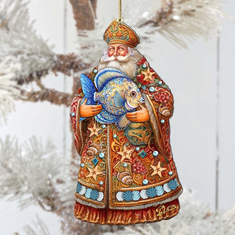 Santa with Fish Wooden Ornaments by G. Debrekht – Christmas Santa Snowman Decor – 8691411