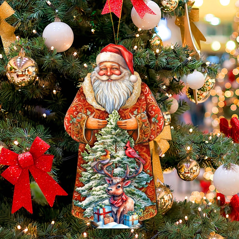 Santa with Forest Friends Wooden Ornaments by G. Debrekht – Christmas Santa Snowman Decor – 8691409