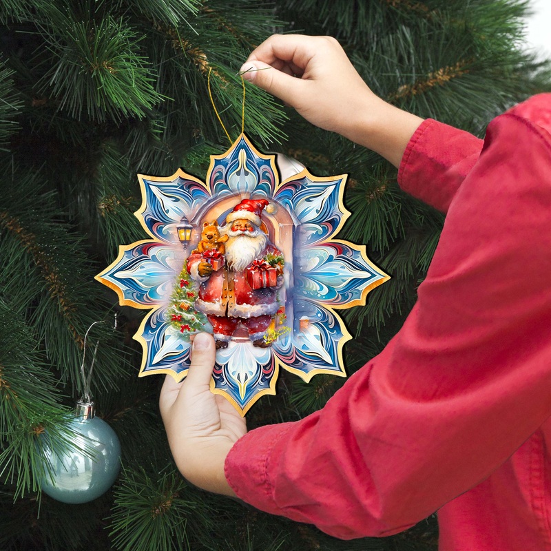 Santa with Gifts Snowflake Large Wooden Ornament by G. Debrekht – Christmas Santa Snowman Decor – 8688421M