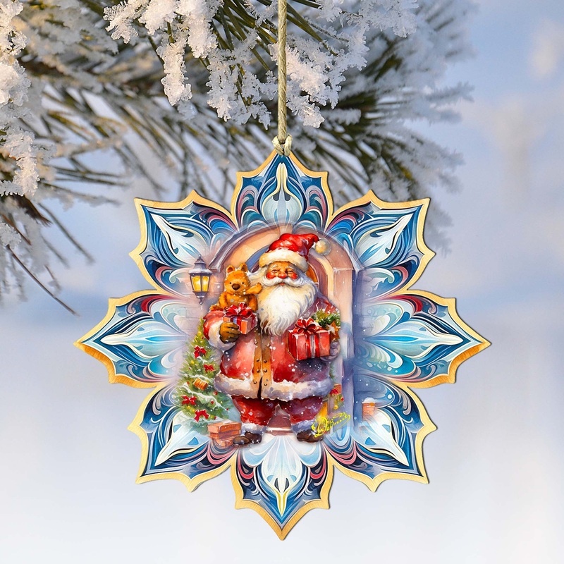 Santa with Gifts Snowflake Wooden Ornaments by G. Debrekht – Christmas Santa Snowman Decor – 8688421