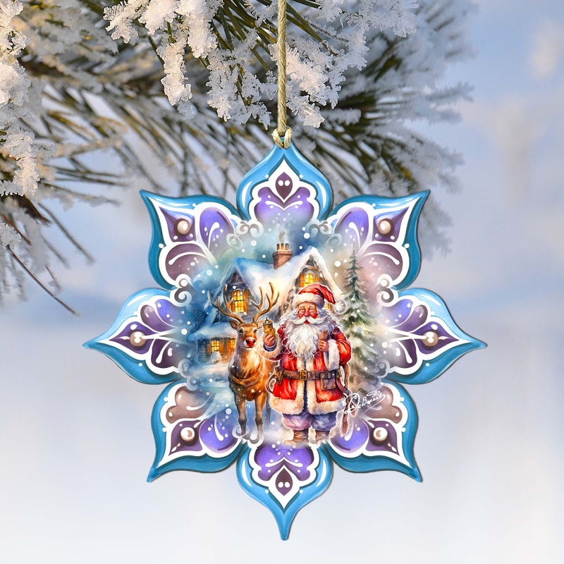Santa with Reindeer Snowflake Wooden Ornaments by G. Debrekht – Christmas Santa Snowman Decor – 8688405