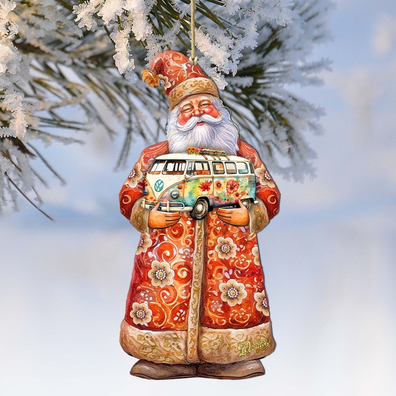 Santa with Van Wooden Ornaments by G. Debrekht – Christmas Santa Snowman Decor – 8691407