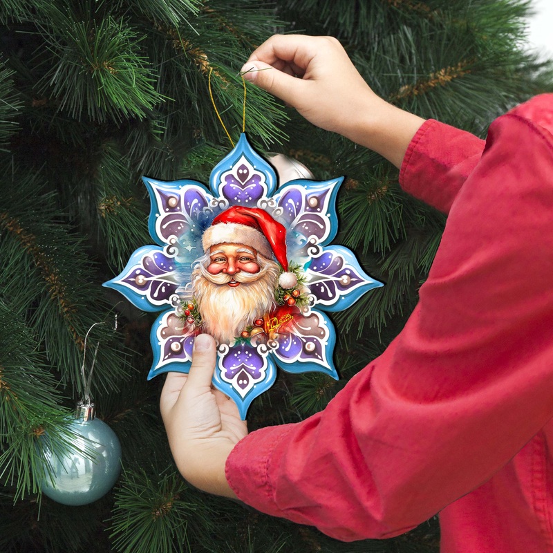 Smiling Santa Snowflake Large Wooden Ornament by G. Debrekht – Christmas Santa Snowman Decor – 8688423M