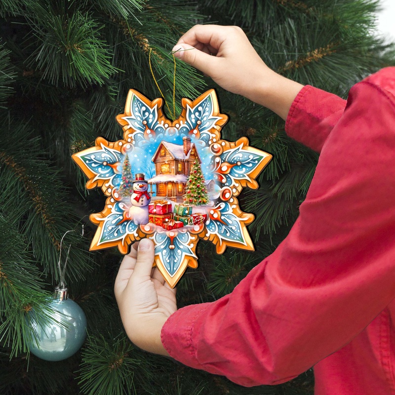 Snowman’s Gifts Snowflake Large Wooden Ornament by G. Debrekht – Christmas Santa Snowman Decor – 8688404M