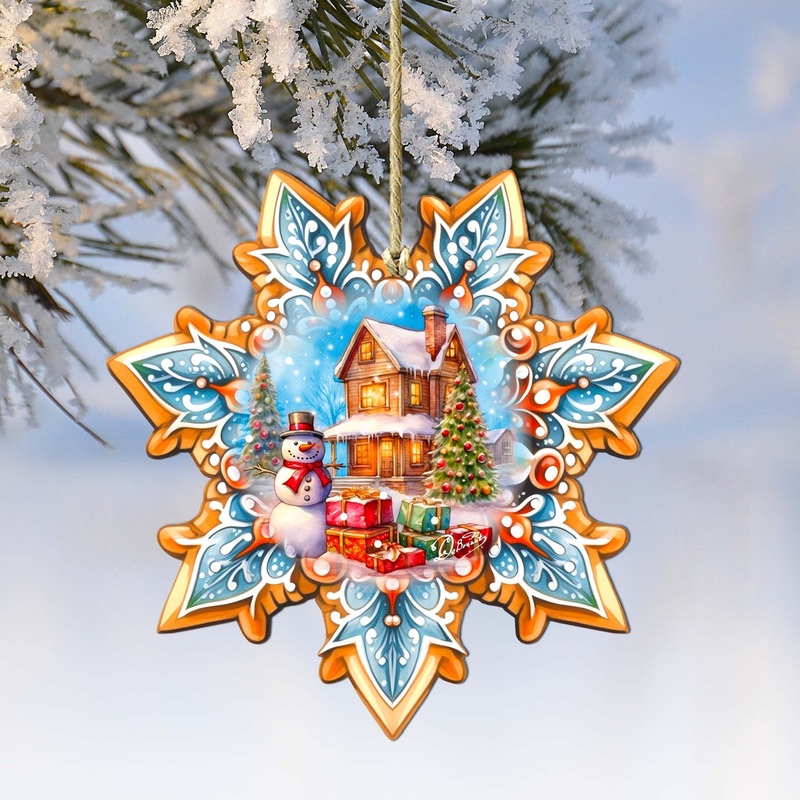 Snowman’s Gifts Snowflake Wooden Ornaments by G. Debrekht – Christmas Santa Snowman Decor – 8688404