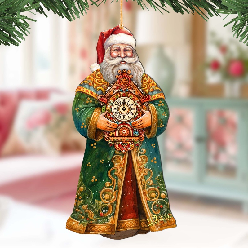 St. Nick’s Magic Clock Wooden Ornaments by G. Debrekht – Christmas Santa Snowman Decor – 8691412