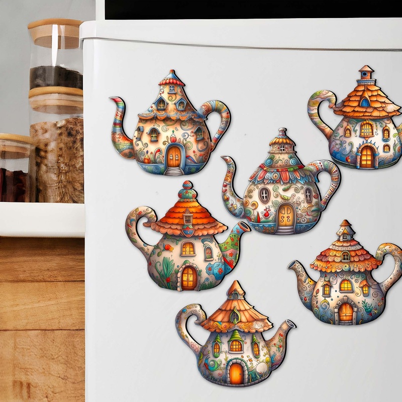 Teapots Decorative Wooden Magnets Set of 6 by G. Debrekht – Love Family Decor – 8090072G-S6