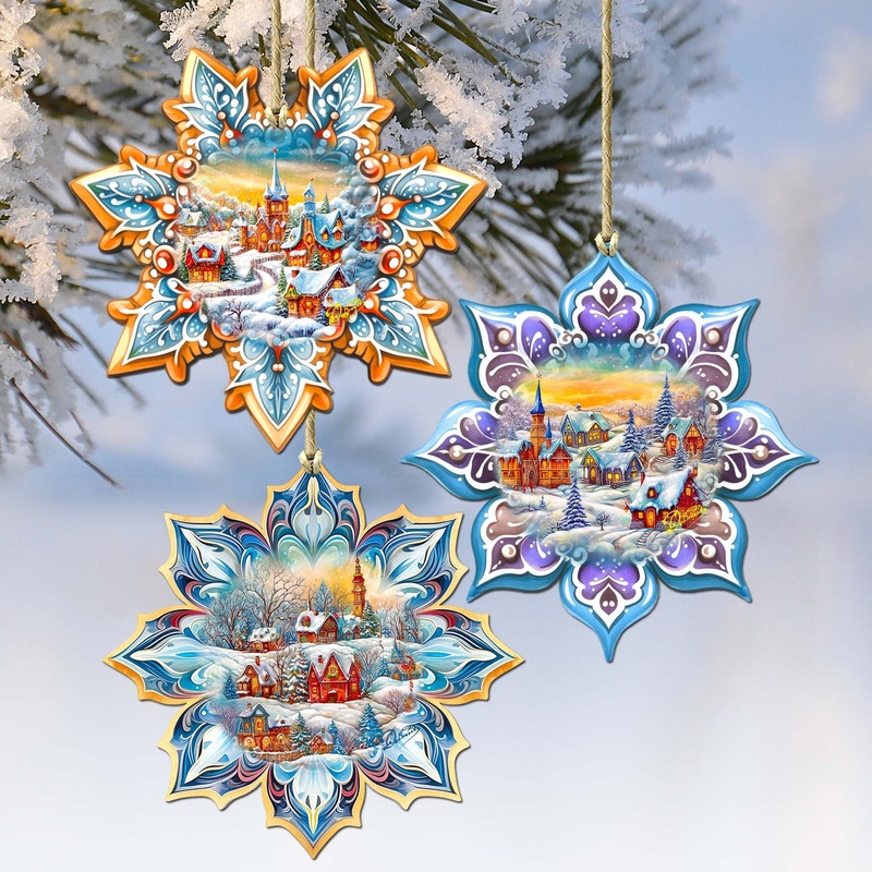 Winter Village Snowflake Wooden Ornaments Set of 3 by G. Debrekht – Christmas Decor – 8090146-S3