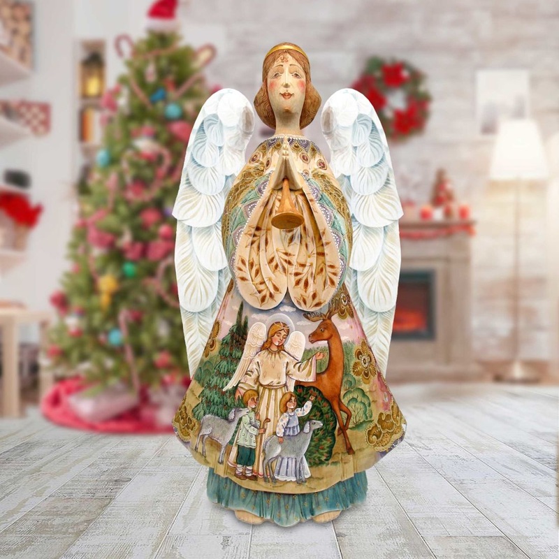 Angel Watching Over Hand-Painted WOODCARVED Masterpiece by G. DeBrekht – Nativity Holiday Decor – 250042 *** PRE-ORDER – Handmade Just for You! ***